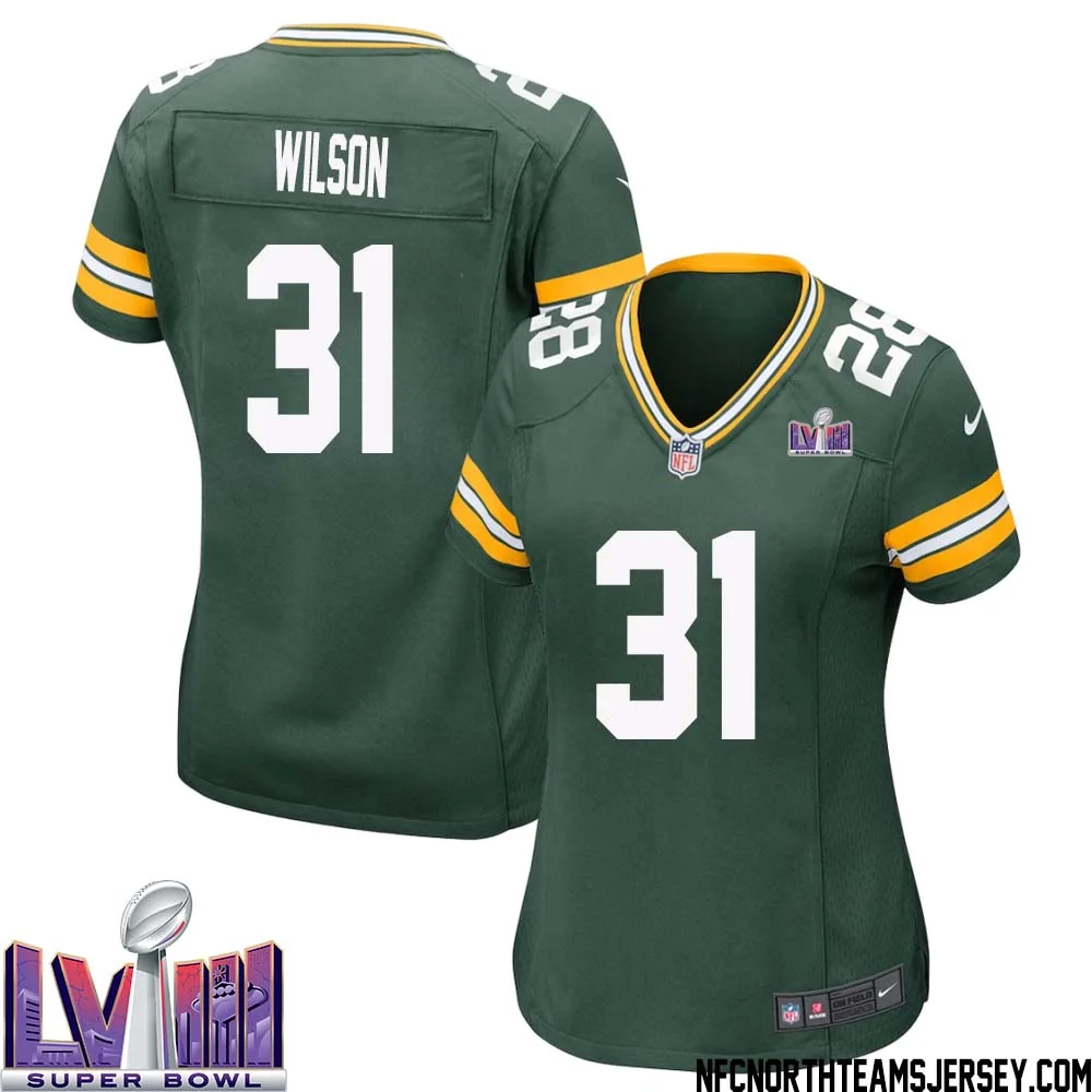 Emanuel Wilson No 31 Green Bay Packers Super Bowl LVIII Home Game Jersey Womens