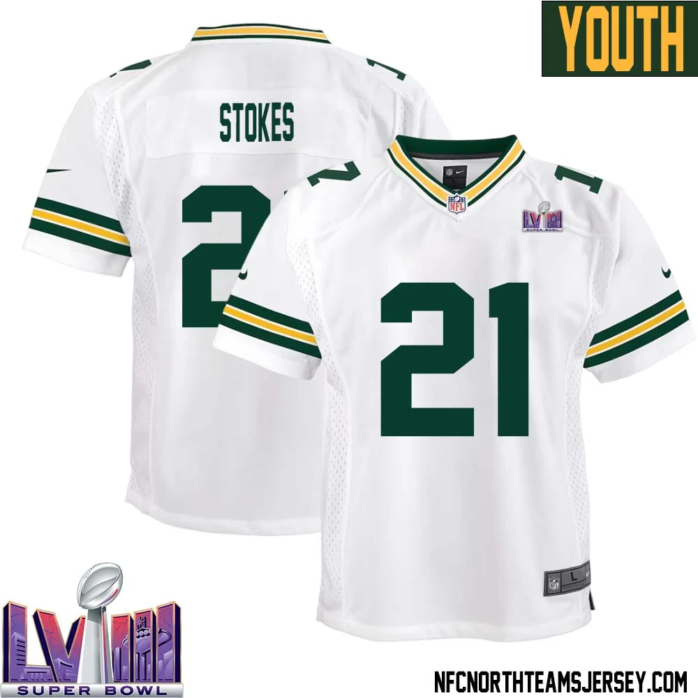Eric Stokes No 21 Green Bay Packers Super Bowl LVIII Away Game Jersey Youth White