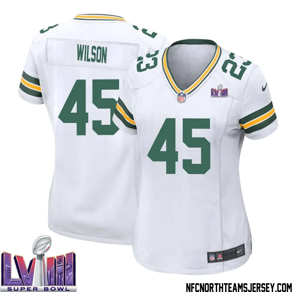 Eric Wilson No 45 Green Bay Packers Super Bowl LVIII Away Game Jersey Womens White 1