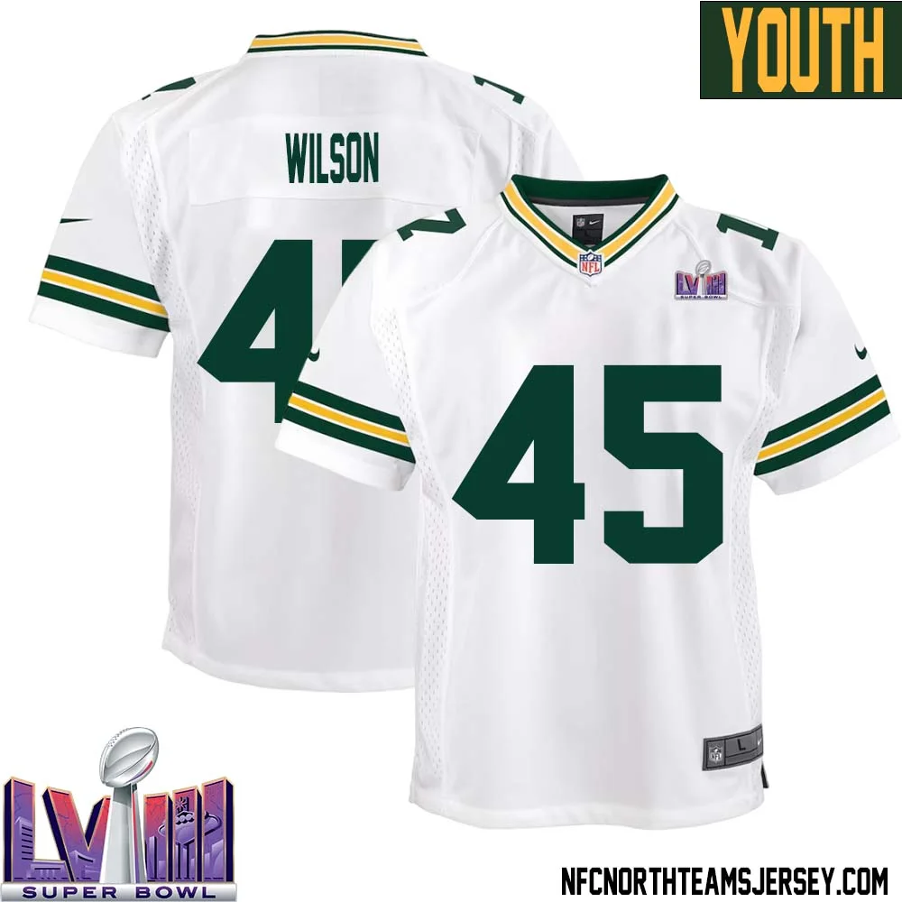 Eric Wilson No 45 Green Bay Packers Super Bowl LVIII Away Game Jersey Youth White 1