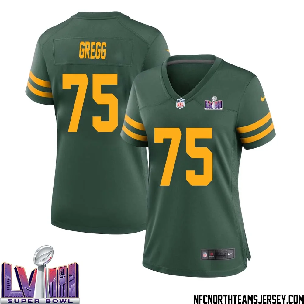 Forrest Gregg No 75 Green Bay Packers Super Bowl LVIII Alternate Green Jersey for Women 1