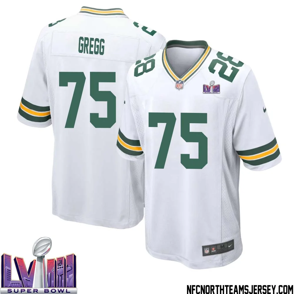 Forrest Gregg No 75 Green Bay Packers Super Bowl LVIII Away Game Jersey Mens White 1