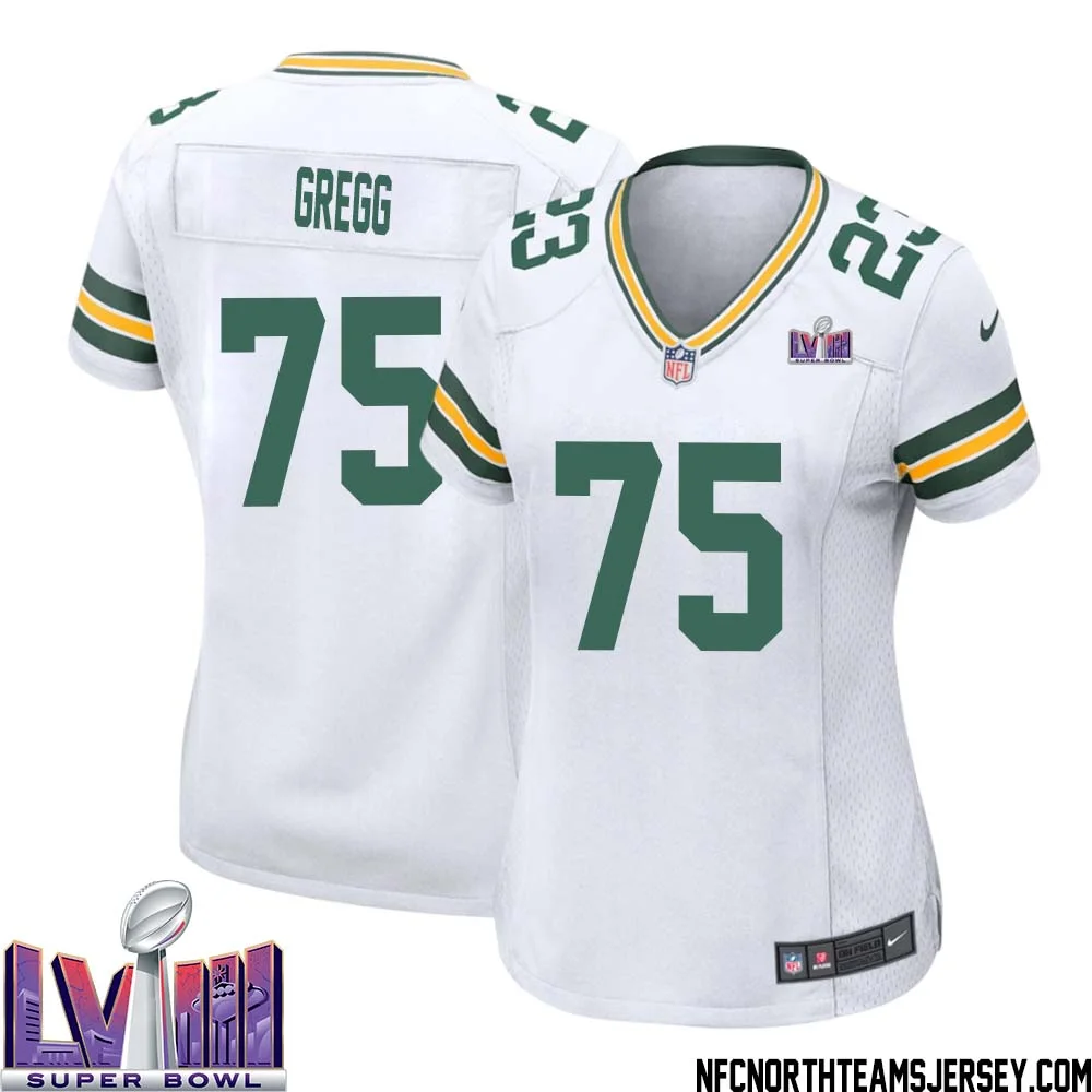 Forrest Gregg No 75 Green Bay Packers Super Bowl LVIII Away Game Jersey Womens White 1