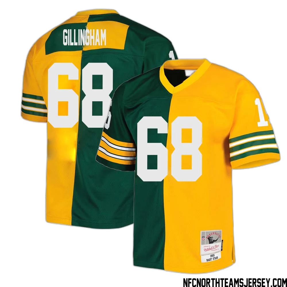 Gale Gillingham No 68 Green Bay Packers Mitchell Ness 1969 Split Legacy Replica Jersey Green Gold 1