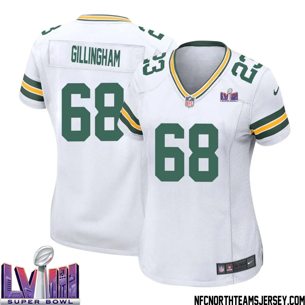 Gale Gillingham No 68 Green Bay Packers Super Bowl LVIII Away Game Jersey Womens White