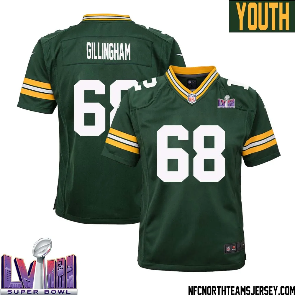 Gale Gillingham No 68 Green Bay Packers Super Bowl LVIII Home Game Jersey Youth 1
