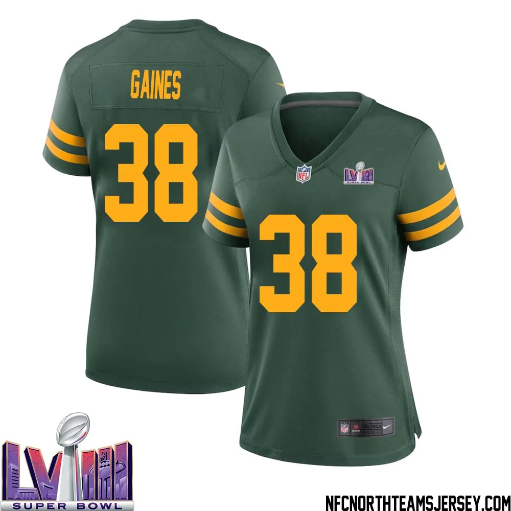 Innis Gaines No 38 Green Bay Packers Super Bowl LVIII Alternate Green Jersey for Women