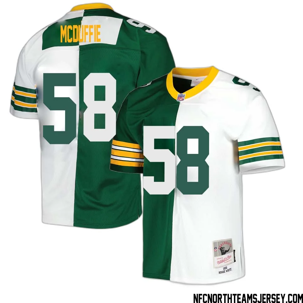 Isaiah McDuffie No 58 Green Bay Packers Mitchell Ness 1996 Split Legacy Replica Jersey Green White 1