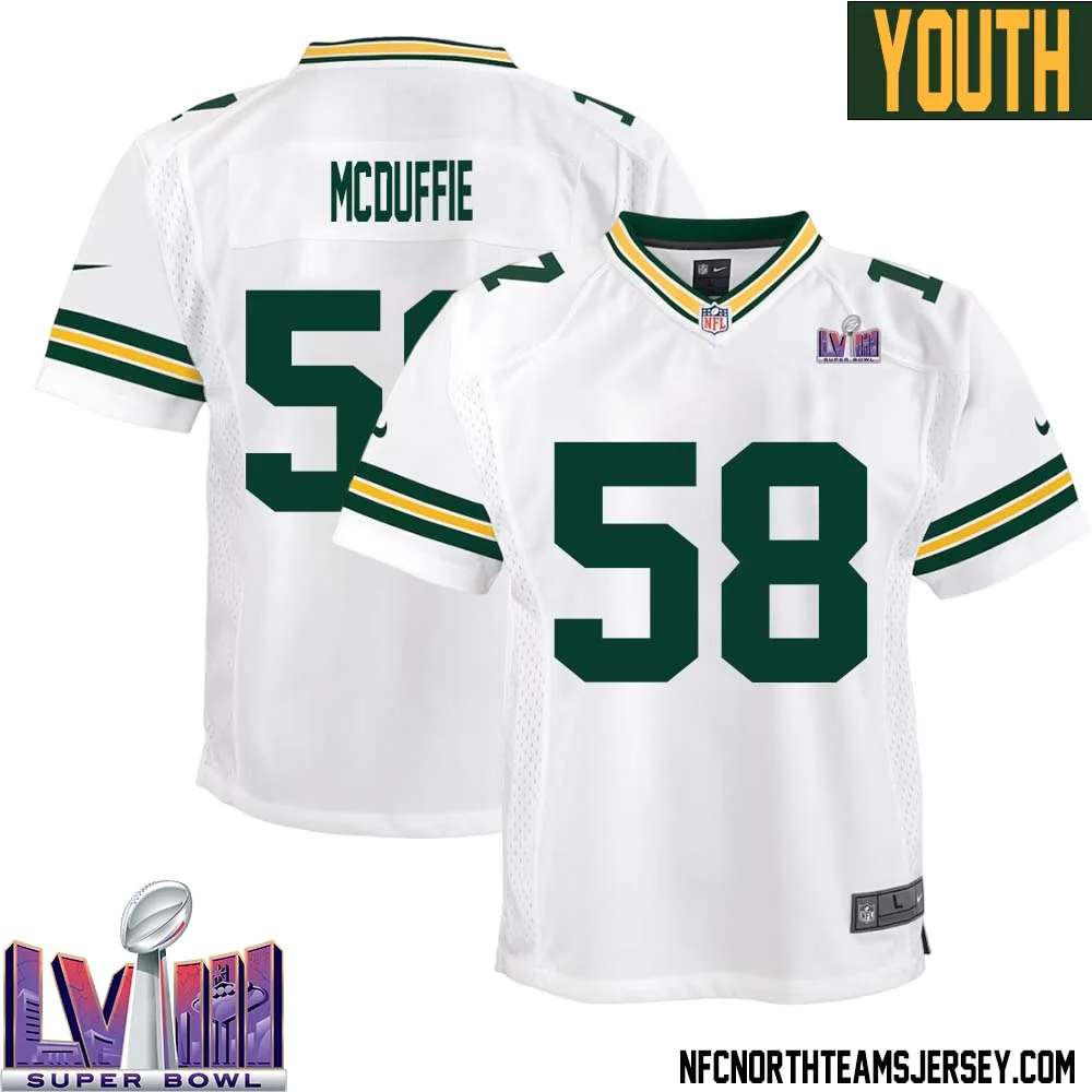 Isaiah McDuffie No 58 Green Bay Packers Super Bowl LVIII Away Game Jersey Youth White