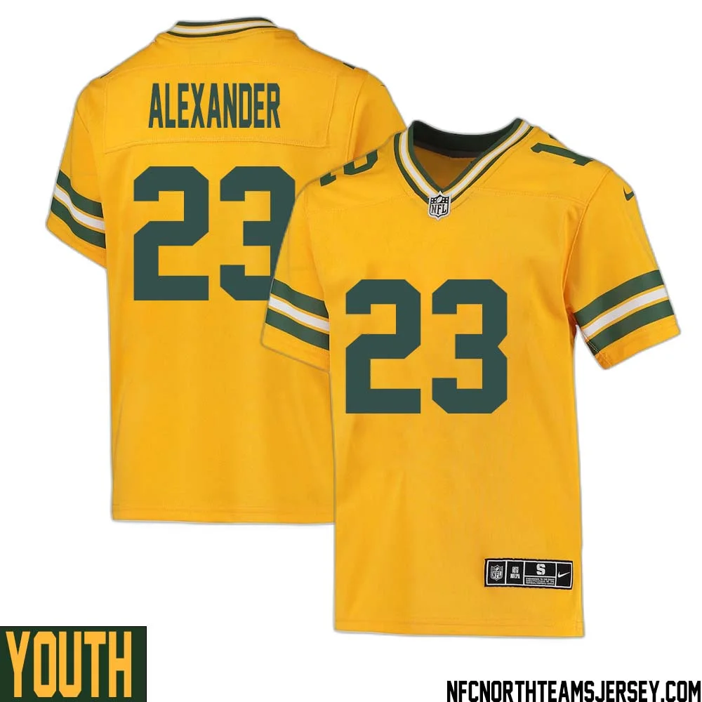 Jaire Alexander No 23 Davante Adams Green Bay Packers Inverted Legend Jersey Gold Youth