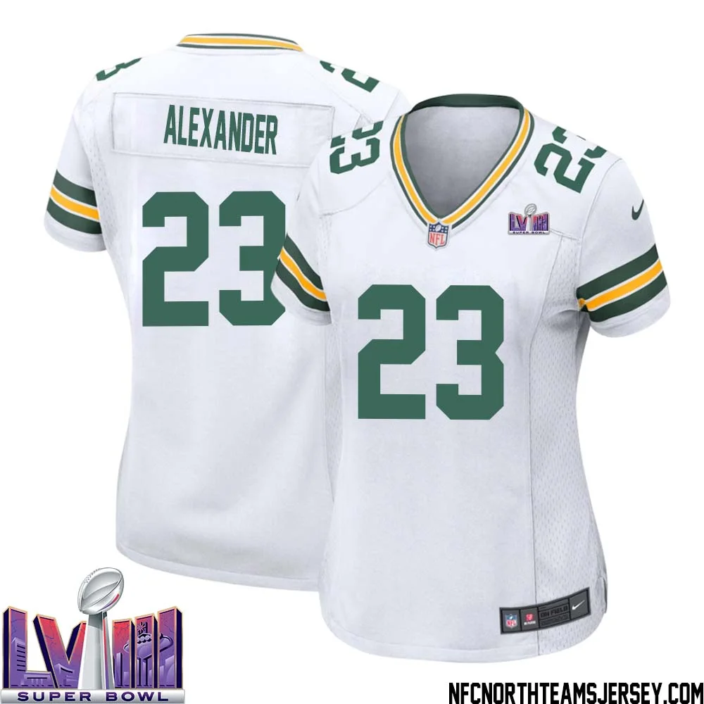 Jaire Alexander No 23 Green Bay Packers Super Bowl LVIII Away Game Jersey Womens White 1