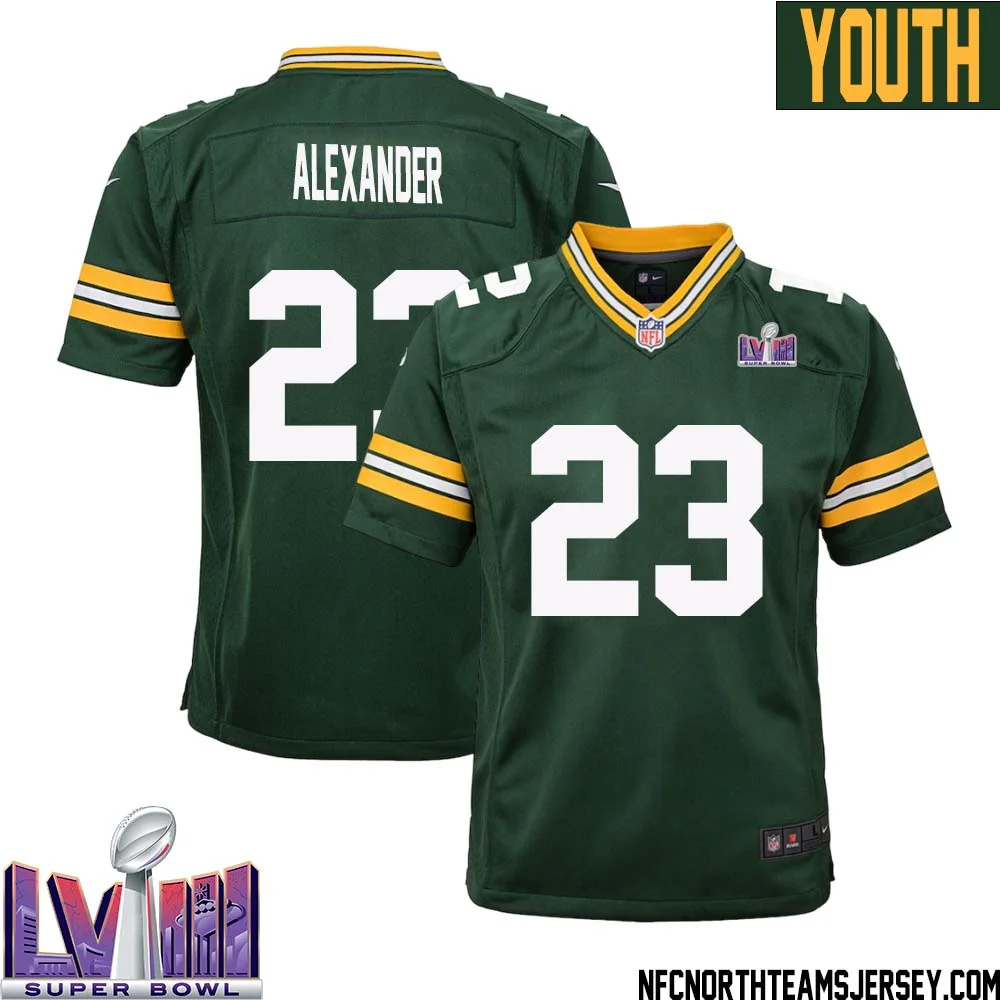 Jaire Alexander No 23 Green Bay Packers Super Bowl LVIII Home Game Jersey Youth 1