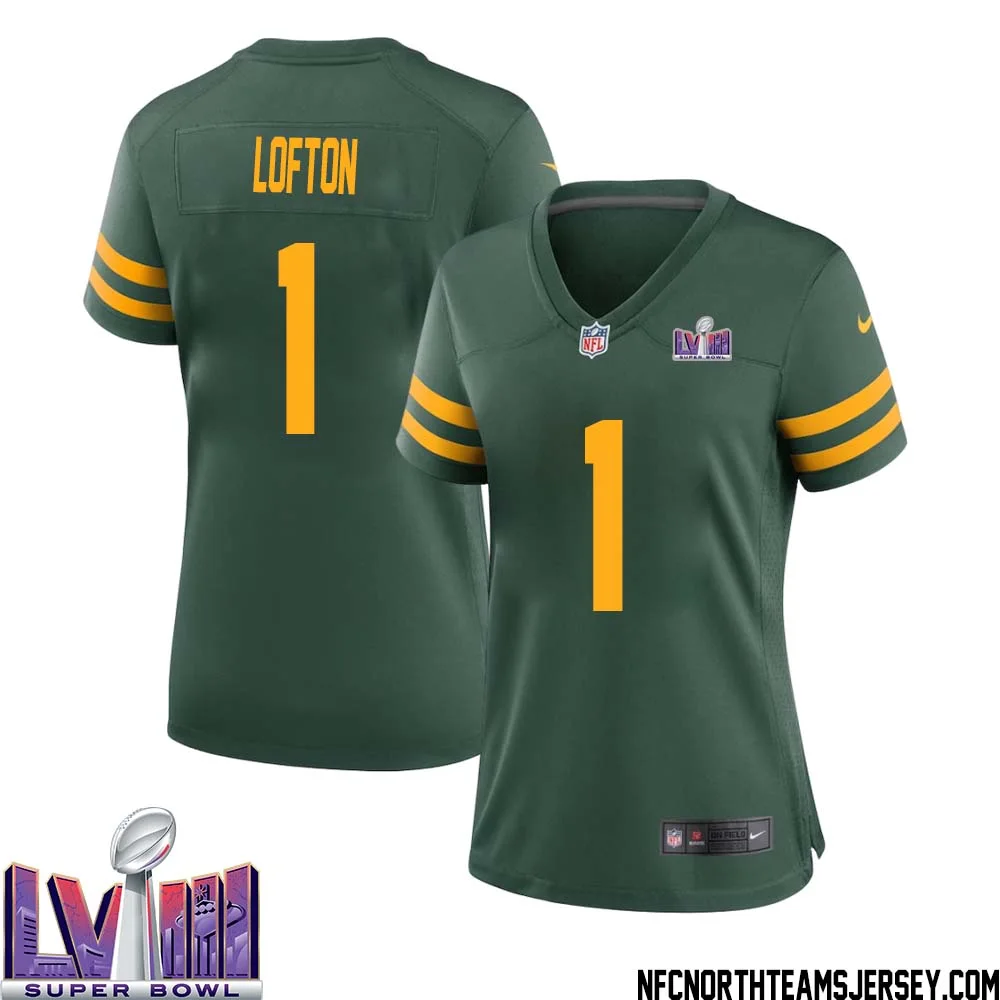 James Lofton No 1 Green Bay Packers Super Bowl LVIII Alternate Green Jersey for Women 1