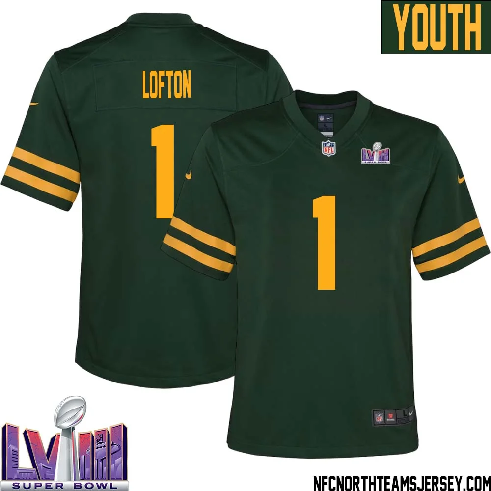 James Lofton No 1 Green Bay Packers Super Bowl LVIII Alternate Green Jersey for Youth 1