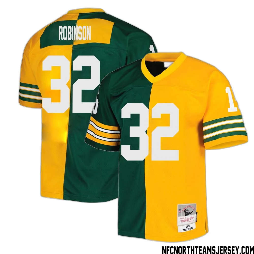 James Robinson No 32 Green Bay Packers Mitchell Ness 1969 Split Legacy Replica Jersey Green Gold 1