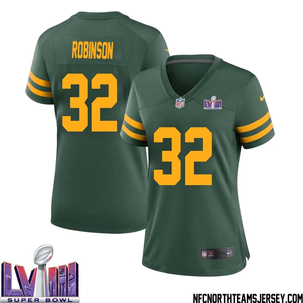 James Robinson No 32 Green Bay Packers Super Bowl LVIII Alternate Green Jersey for Women