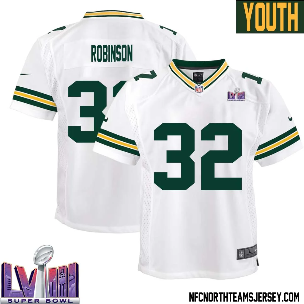 James Robinson No 32 Green Bay Packers Super Bowl LVIII Away Game Jersey Youth White 1