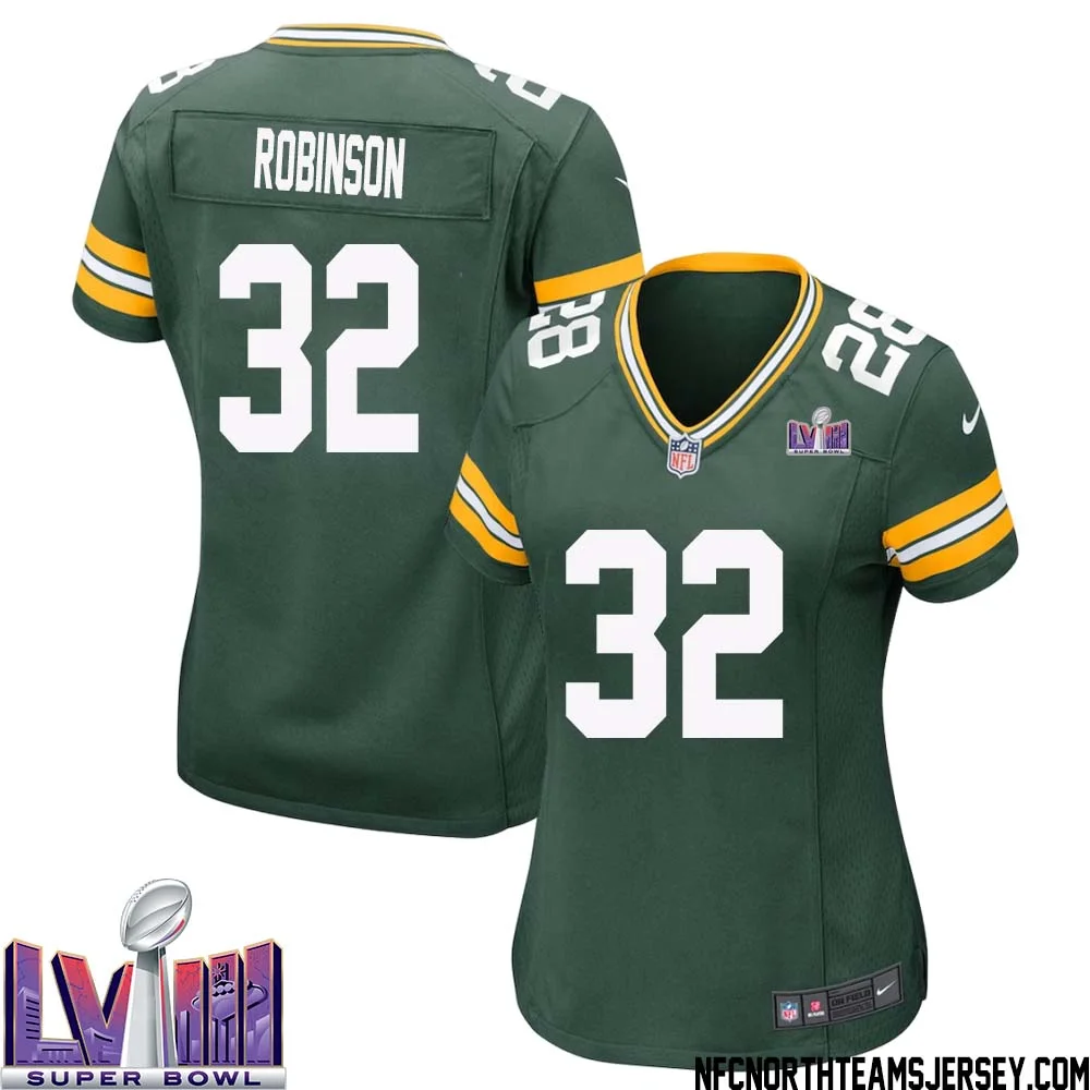 James Robinson No 32 Green Bay Packers Super Bowl LVIII Home Game Jersey Womens 1