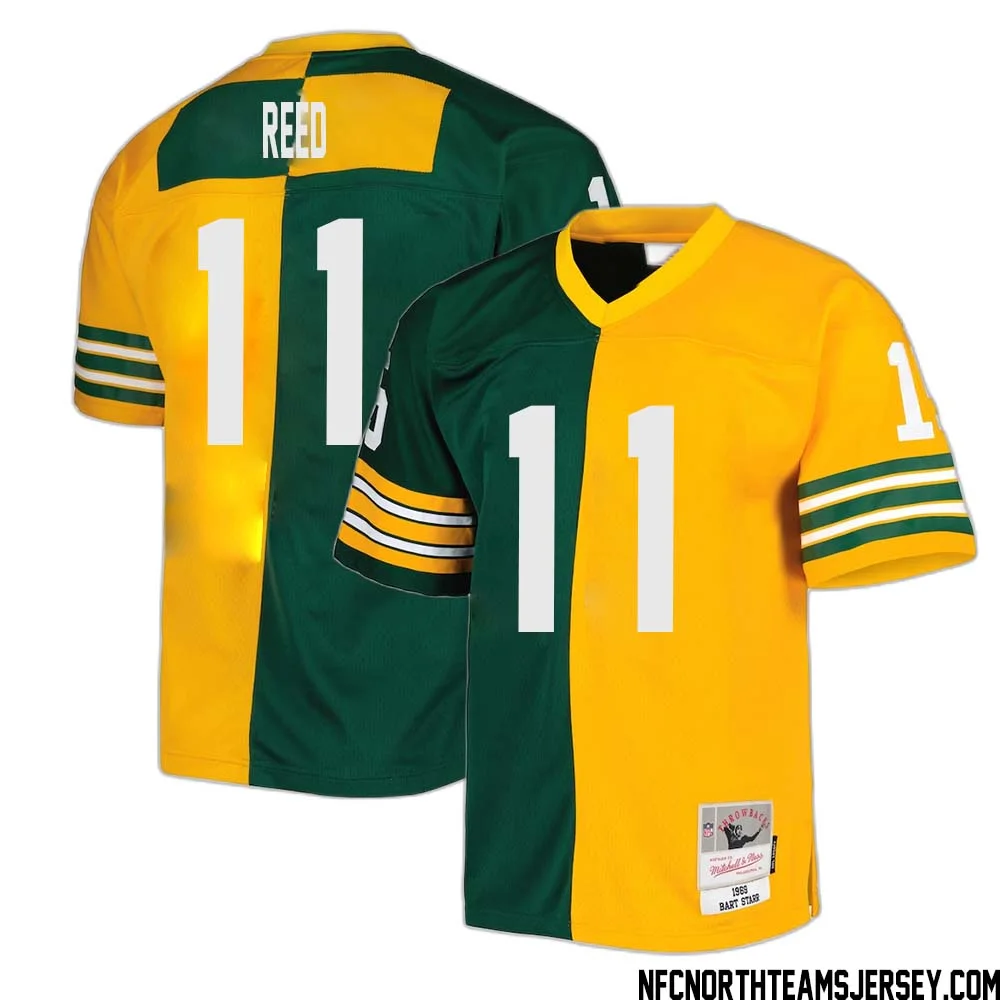 Jayden Reed No 11 Green Bay Packers Mitchell Ness 1969 Split Legacy Replica Jersey Green Gold 1