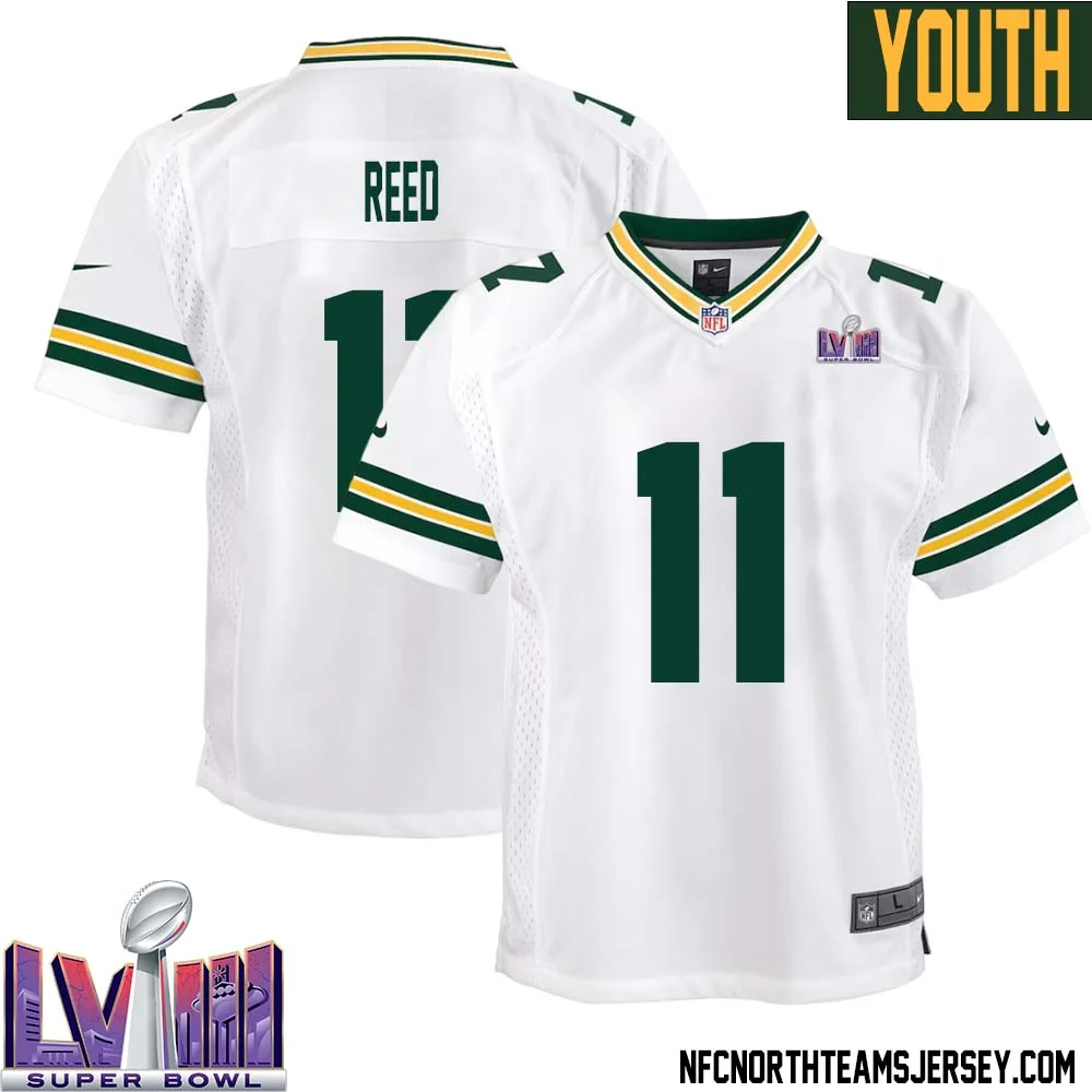 Jayden Reed No 11 Green Bay Packers Super Bowl LVIII Away Game Jersey Youth White
