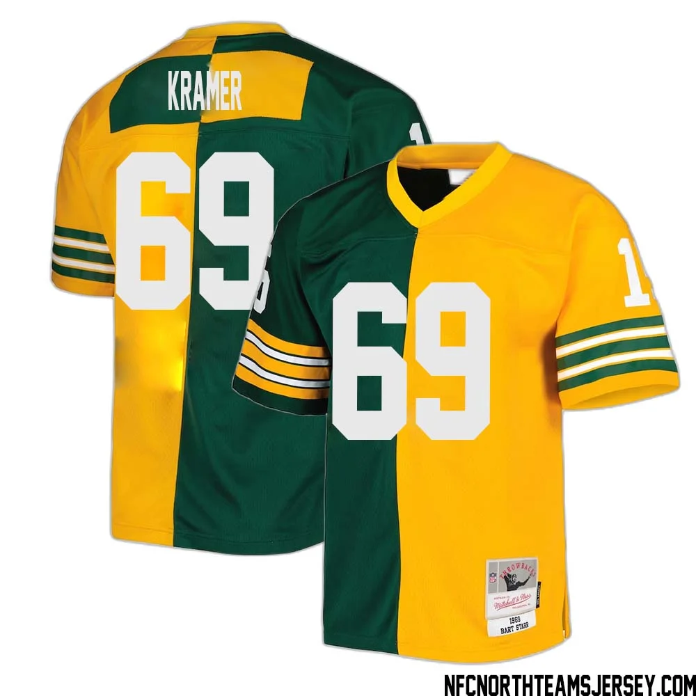 Jerry Kramer No 69 Green Bay Packers Mitchell Ness 1969 Split Legacy Replica Jersey Green Gold 1
