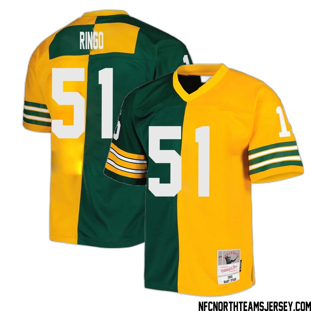 Jim Ringo No 51 Green Bay Packers Mitchell Ness 1969 Split Legacy Replica Jersey Green Gold