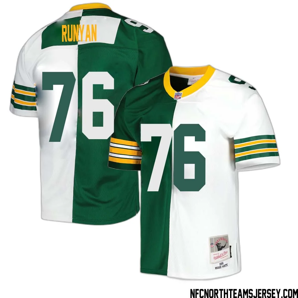 Jon Runyan No 76 Green Bay Packers Mitchell Ness 1996 Split Legacy Replica Jersey Green White 1
