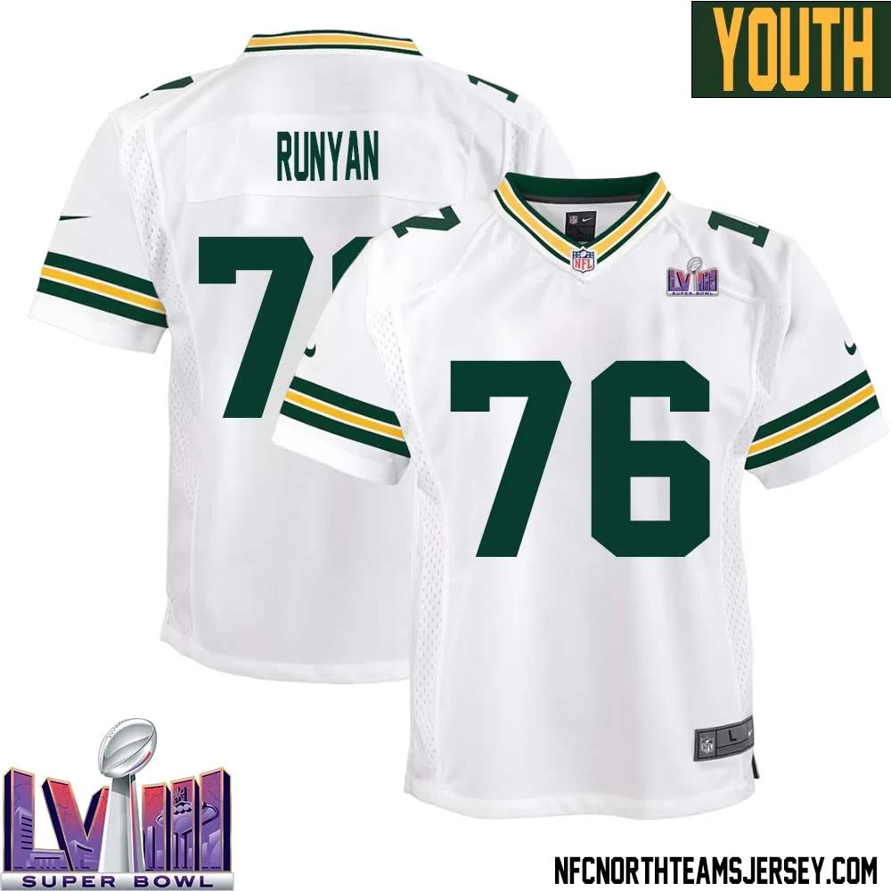 Jon Runyan No 76 Green Bay Packers Super Bowl LVIII Away Game Jersey Youth White