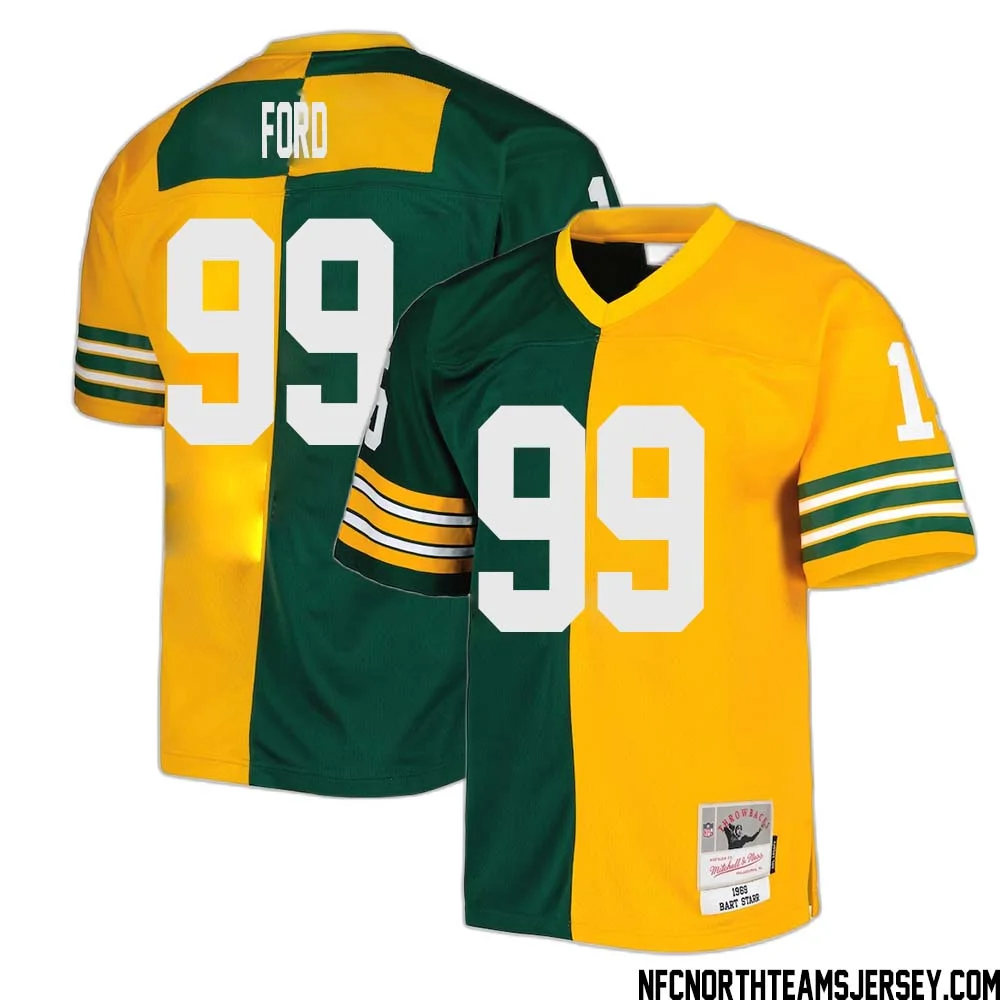 Jonathan Ford No 99 Green Bay Packers Mitchell Ness 1969 Split Legacy Replica Jersey Green Gold