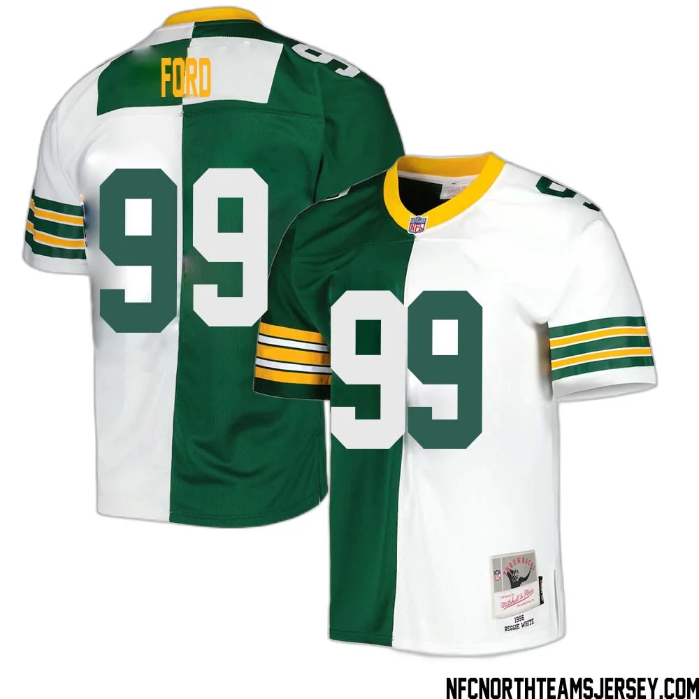 Jonathan Ford No 99 Green Bay Packers Mitchell Ness 1996 Split Legacy Replica Jersey Green White 1