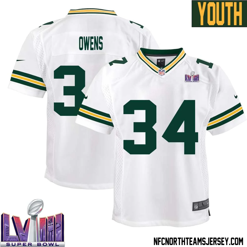 Jonathan Owens No 34 Green Bay Packers Super Bowl LVIII Away Game Jersey Youth White