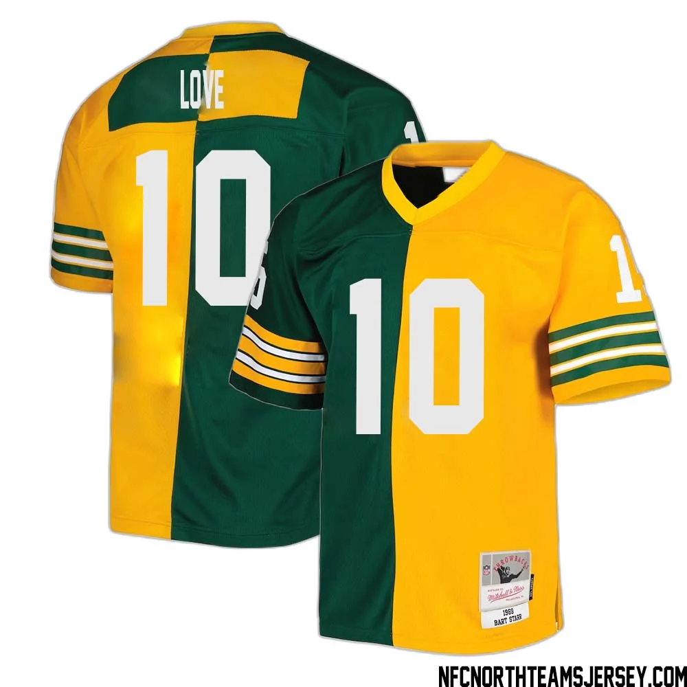 Jordan Love No 10 Green Bay Packers Mitchell Ness 1969 Split Legacy Replica Jersey Green Gold 1
