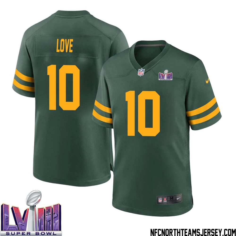 Jordan Love No 10 Green Bay Packers Super Bowl LVIII Alternate Green Jersey for Men