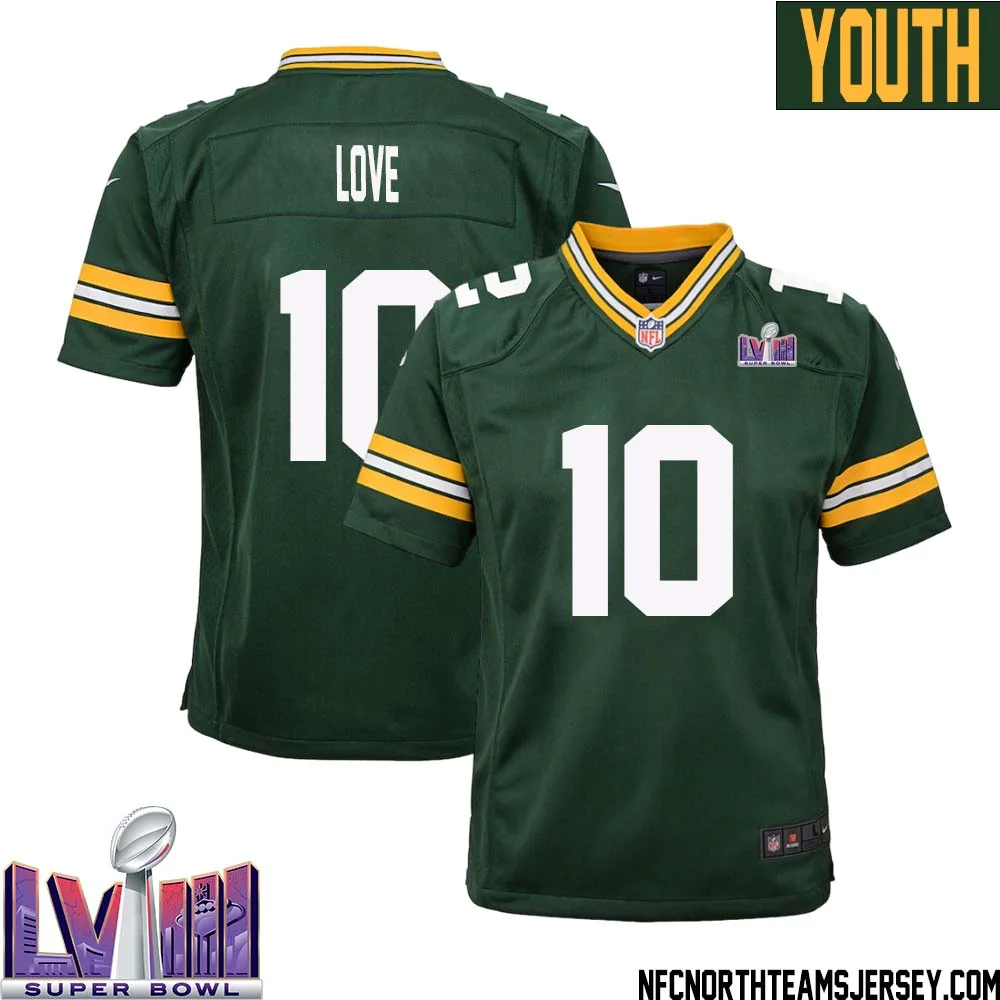 Jordan Love No 10 Green Bay Packers Super Bowl LVIII Home Game Jersey Youth