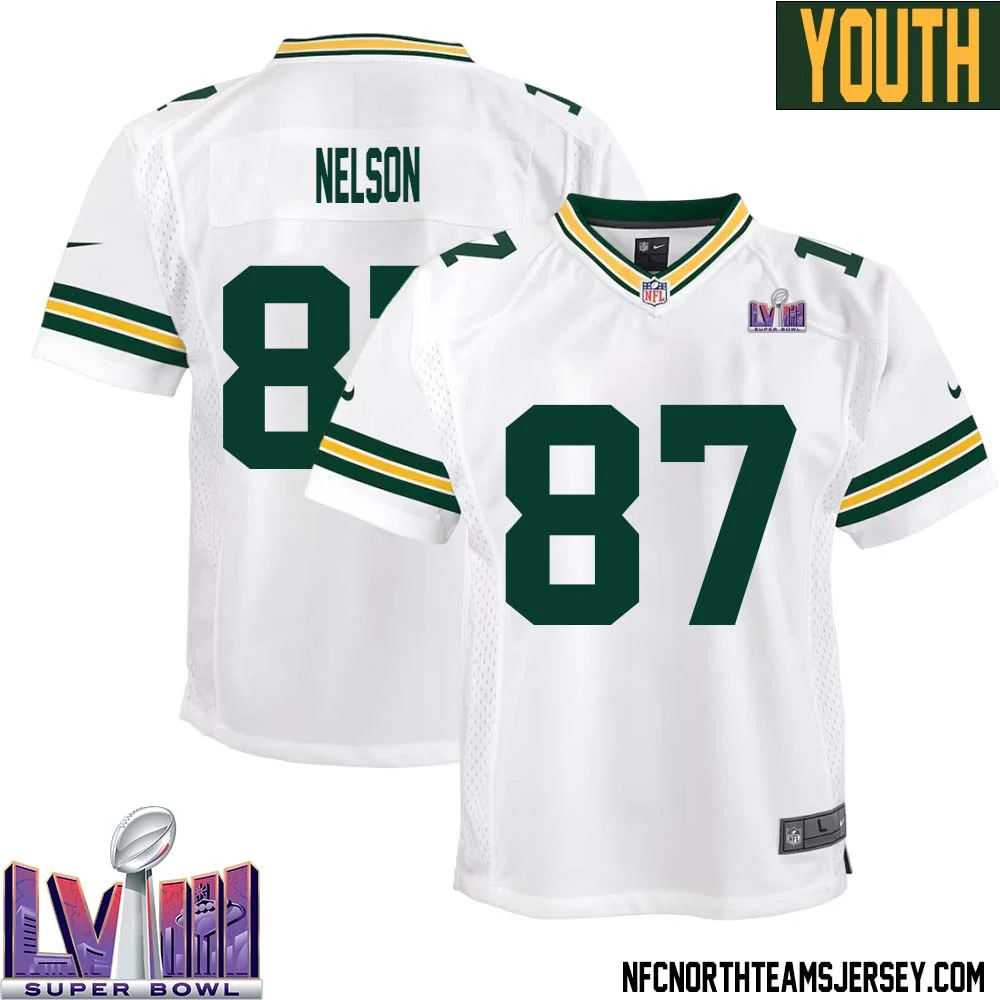 Jordy Nelson No 87 Green Bay Packers Super Bowl LVIII Away Game Jersey Youth White