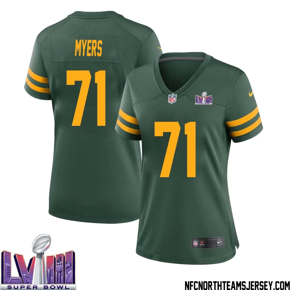Josh Myers No 71 Green Bay Packers Super Bowl LVIII Alternate Green Jersey for Women 1