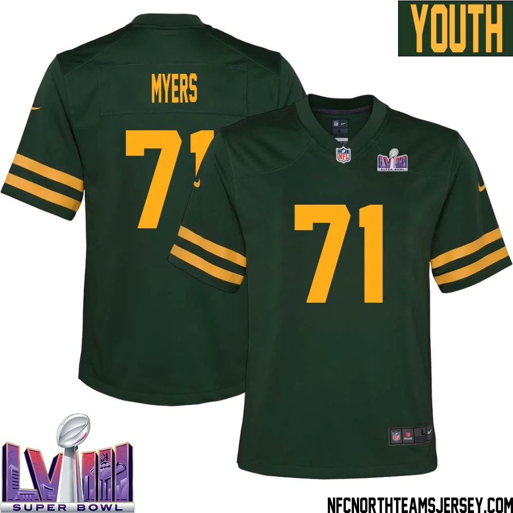 Josh Myers No 71 Green Bay Packers Super Bowl LVIII Alternate Green Jersey for Youth