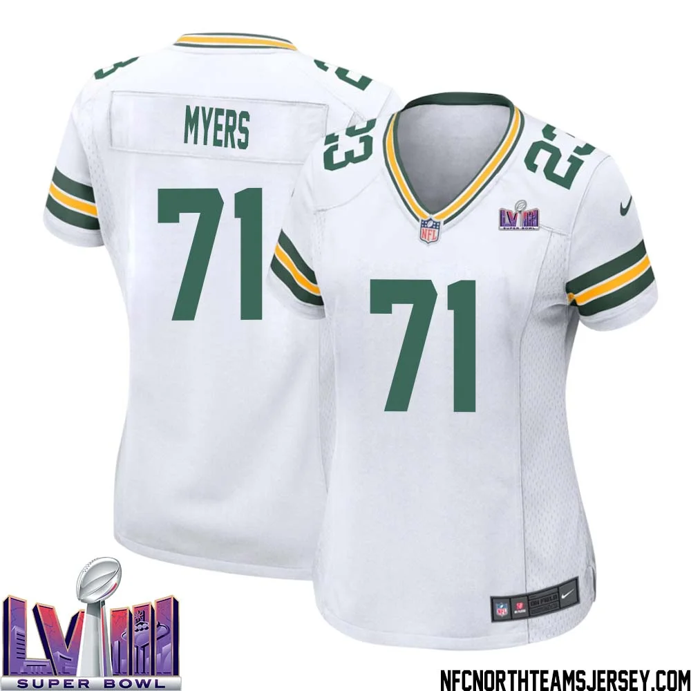 Josh Myers No 71 Green Bay Packers Super Bowl LVIII Away Game Jersey Womens White