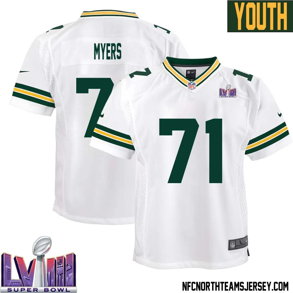 Josh Myers No 71 Green Bay Packers Super Bowl LVIII Away Game Jersey Youth White