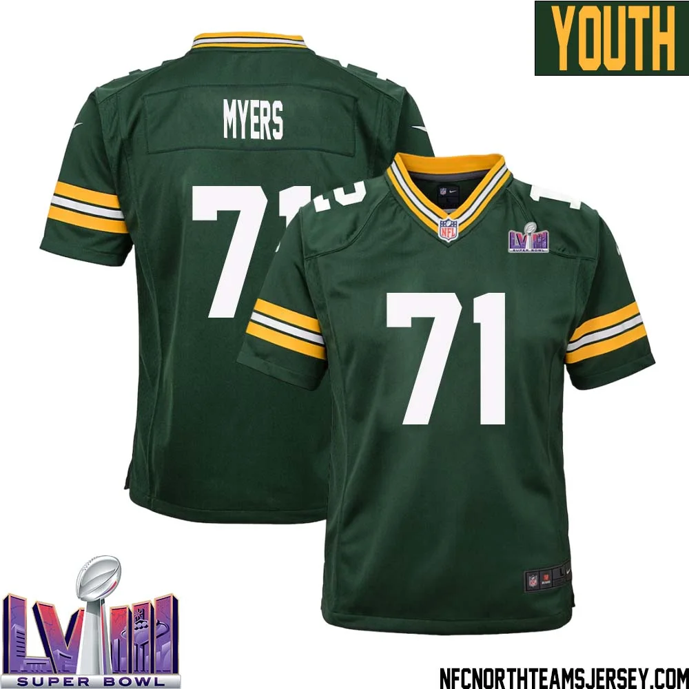 Josh Myers No 71 Green Bay Packers Super Bowl LVIII Home Game Jersey Youth
