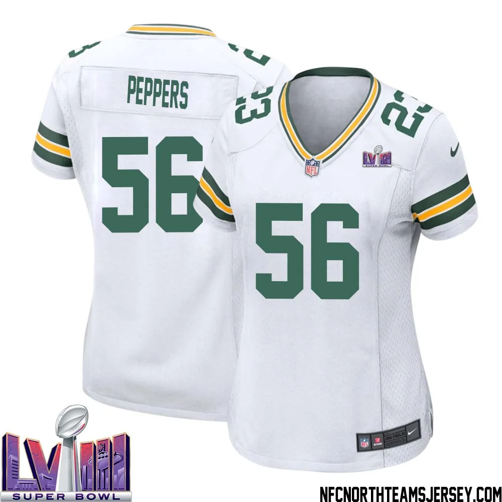 Julius Peppers No 56 Green Bay Packers Super Bowl LVIII Away Game Jersey Womens White 1