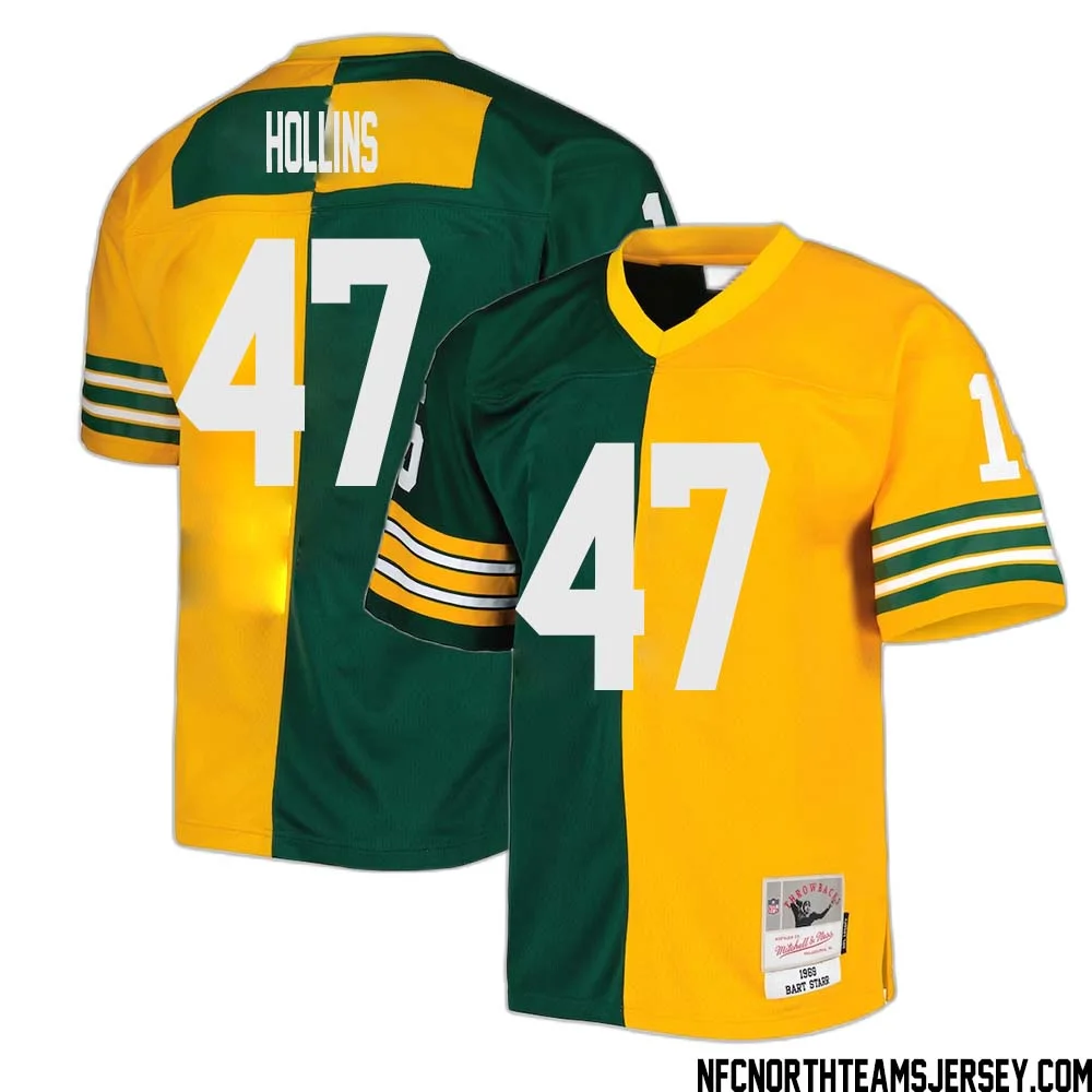 Justin Hollins No 47 Green Bay Packers Mitchell Ness 1969 Split Legacy Replica Jersey Green Gold 1