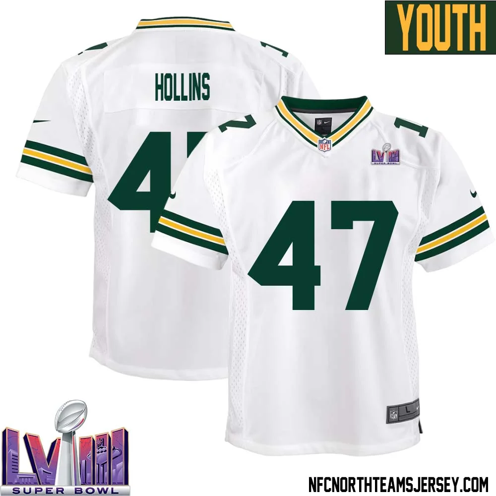 Justin Hollins No 47 Green Bay Packers Super Bowl LVIII Away Game Jersey Youth White