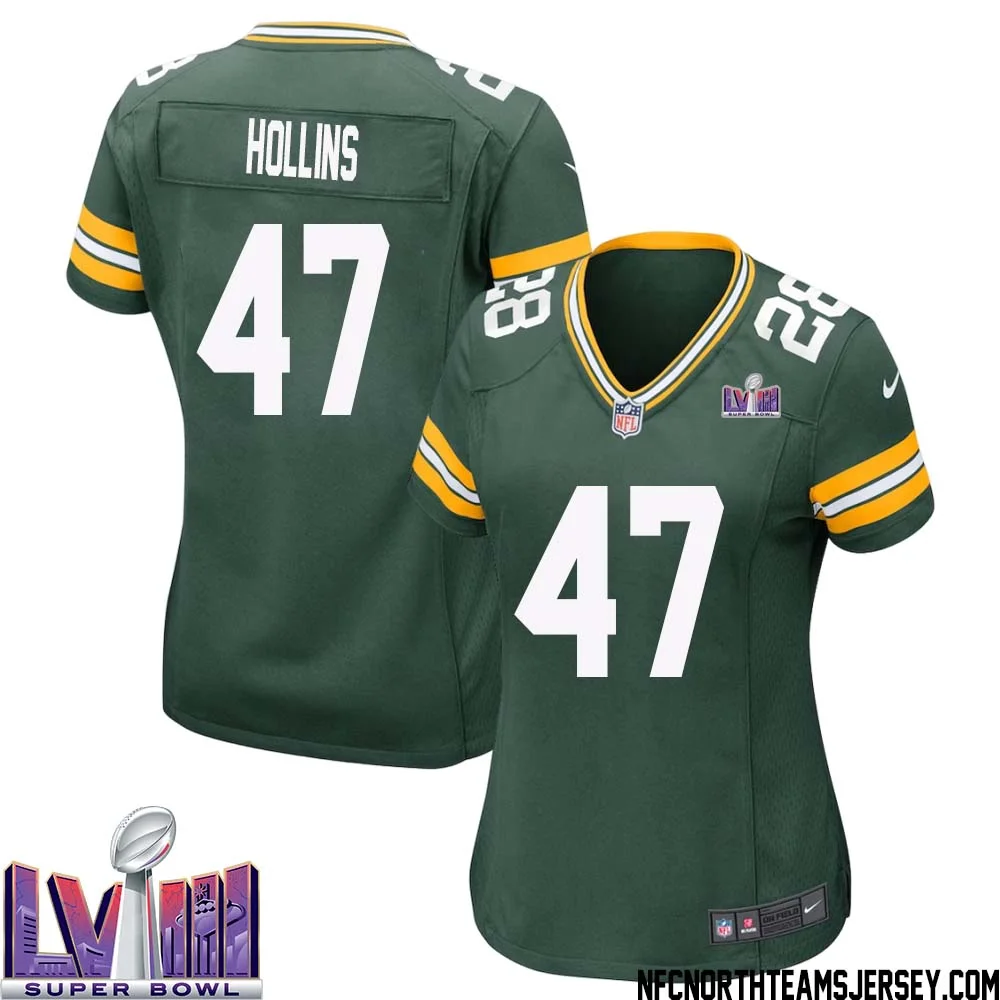 Justin Hollins No 47 Green Bay Packers Super Bowl LVIII Home Game Jersey Womens 1