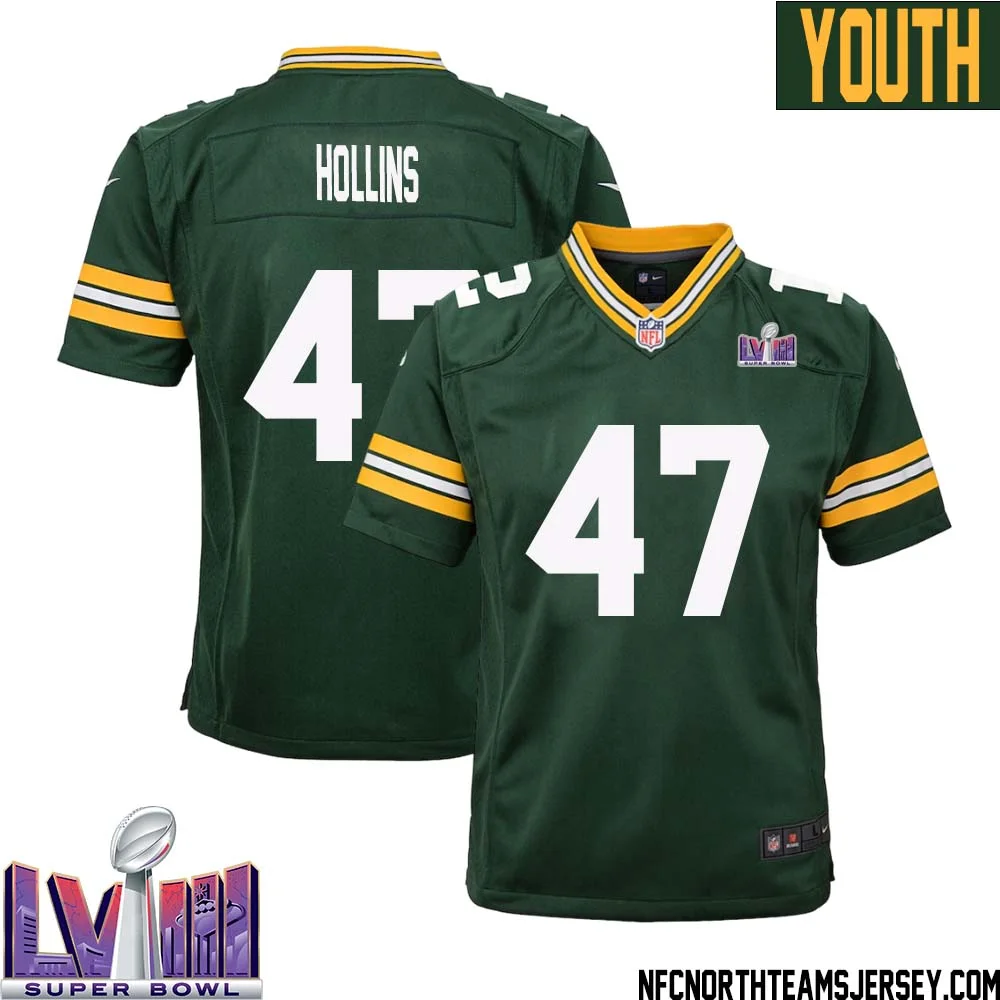 Justin Hollins No 47 Green Bay Packers Super Bowl LVIII Home Game Jersey Youth