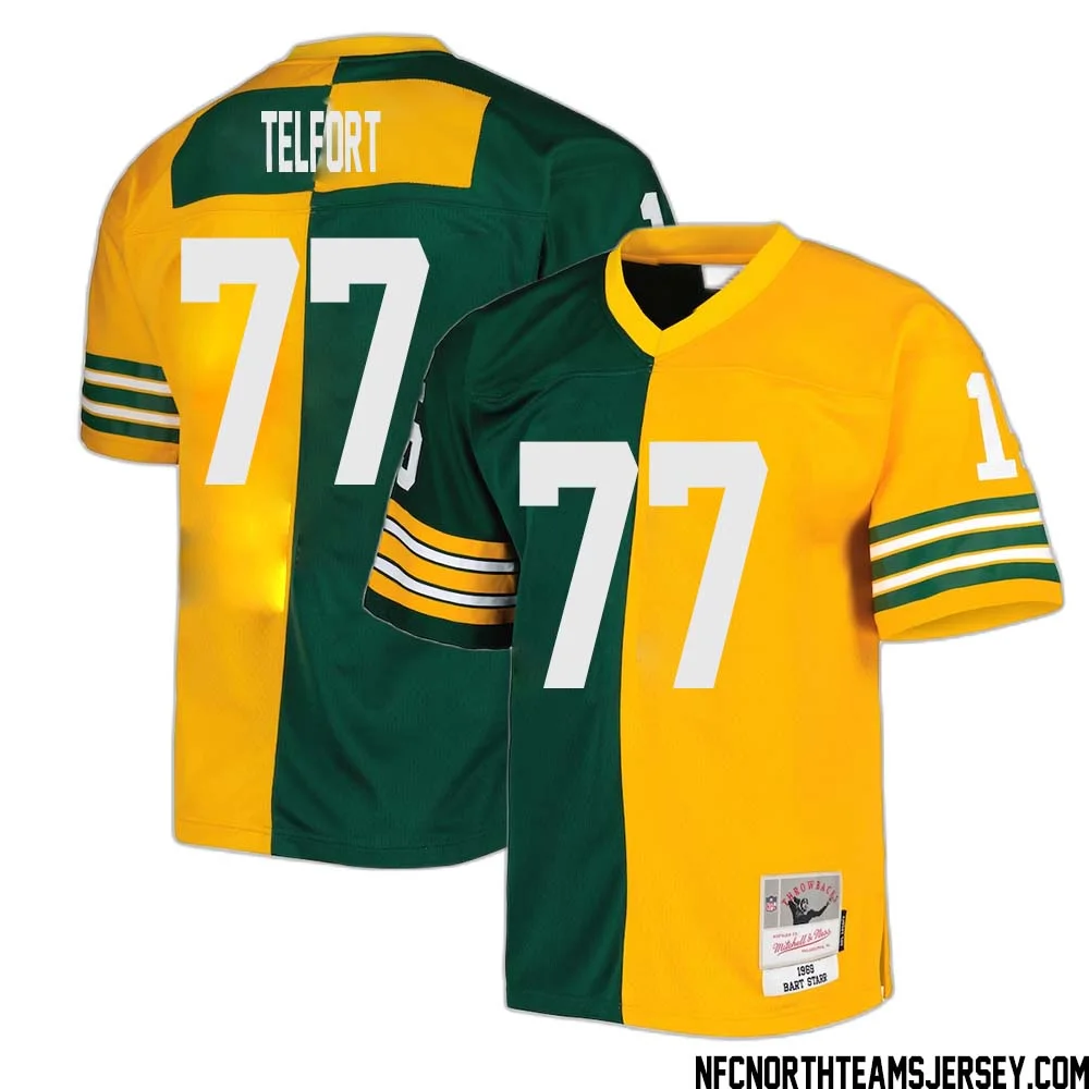Kadeem Telfort No 77 Green Bay Packers Mitchell Ness 1969 Split Legacy Replica Jersey Green Gold 1