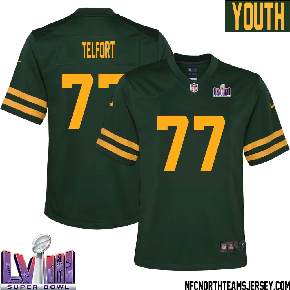 Kadeem Telfort No 77 Green Bay Packers Super Bowl LVIII Alternate Green Jersey for Youth 1