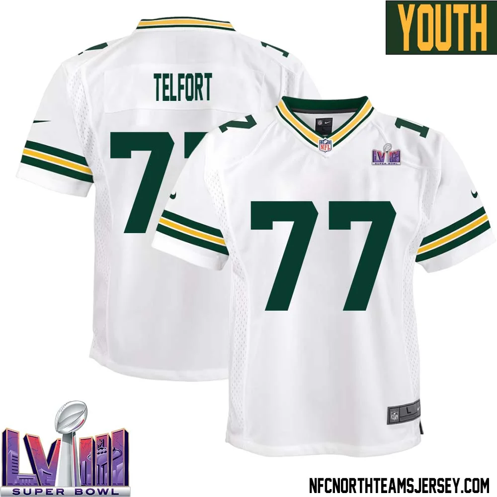 Kadeem Telfort No 77 Green Bay Packers Super Bowl LVIII Away Game Jersey Youth White