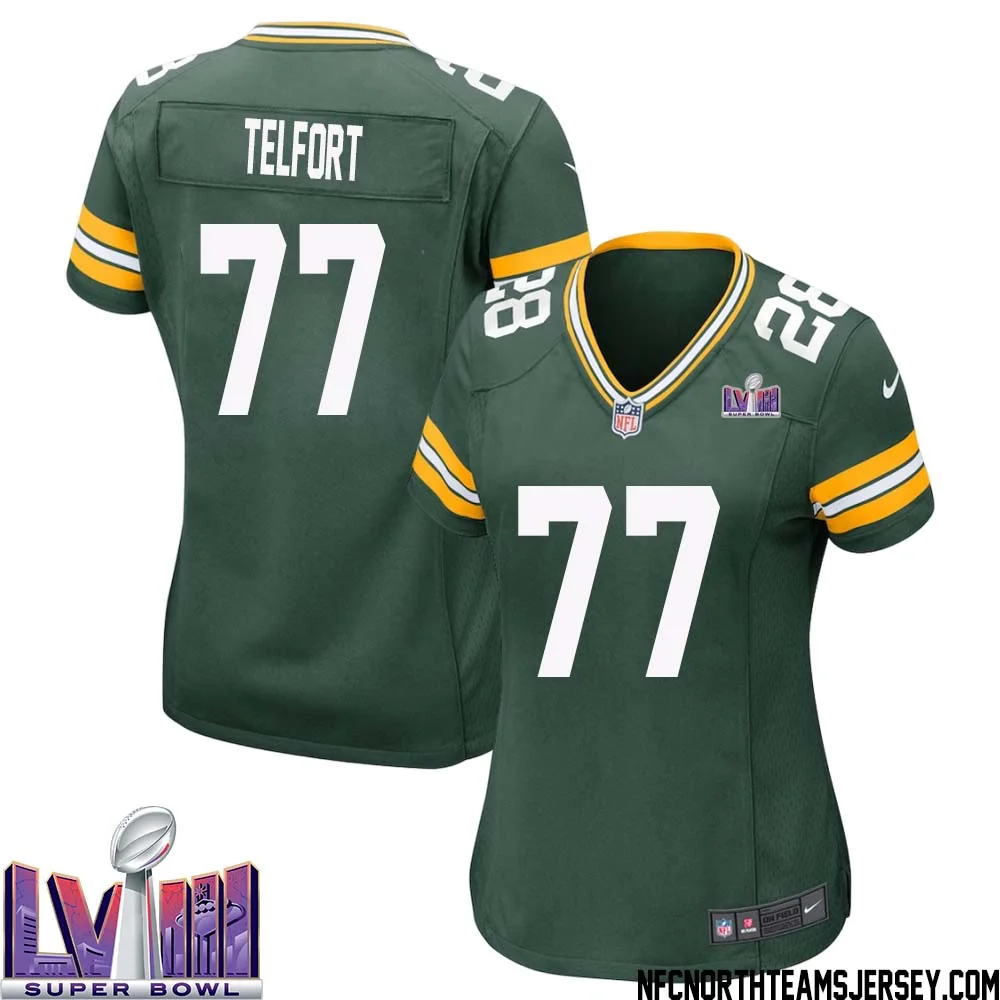 Kadeem Telfort No 77 Green Bay Packers Super Bowl LVIII Home Game Jersey Womens 1