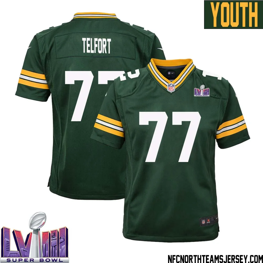 Kadeem Telfort No 77 Green Bay Packers Super Bowl LVIII Home Game Jersey Youth